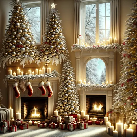 christmas decorations,ornaments (festive, holiday:1.1),decorated room,spacious room,warm atmosphere,cozy (cozy:1.1),lit fireplac...