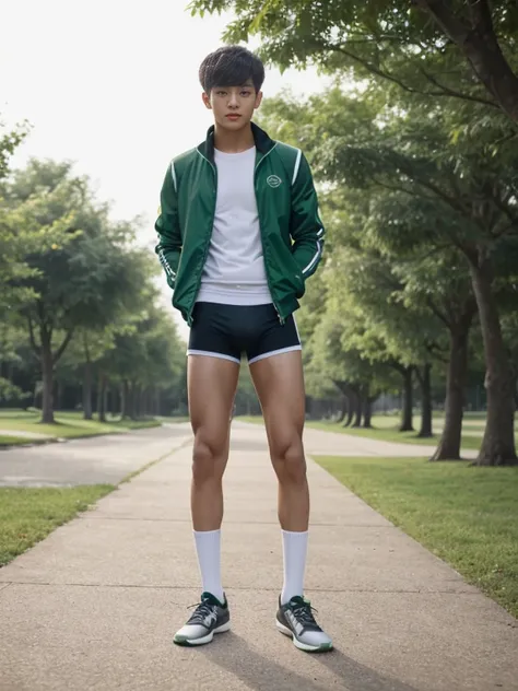 16 years old teenagers , very young , light-skin , wearing an dark green sexy underwear, tmasterpiece，k hd，the feet，Transparent sports vest，semi transparent，black long socks，The barefoot , green colour , handsome and cute , extreme cute boy , white skin , ...