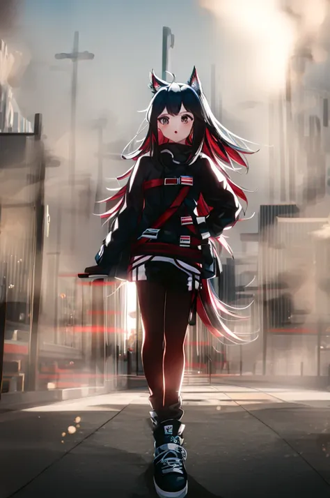 1girl, animal ears, dark hair, medium hair, arknights, intricate details, black shorts, sneakers, street , stay a city bus