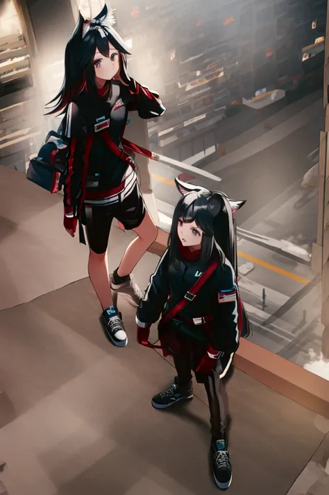 1girl, animal ears, dark hair, medium hair, arknights, intricate details, black shorts, sneakers, street , stay a city bus