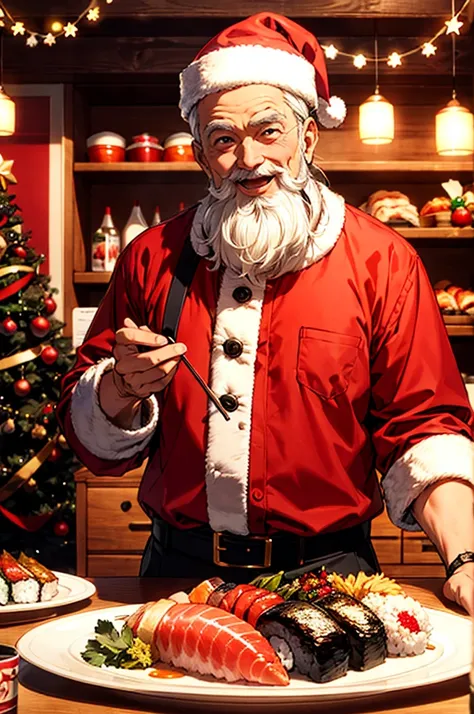 Draw a charming scene where Santa Claus is sitting at a table richly decorated with Christmas decorations. He is wearing his traditional red and white attire, e seus olhos brilham de alegria. At the table in front of you, there is a plate of varied sushi, ...