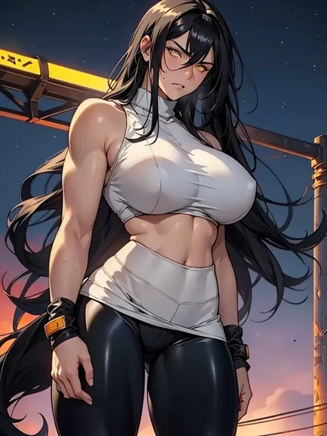 ((1girl)), black hair, (extremely long hair), yellow eyes, muscular, ((huge breasts)), ((thick thighs)), solo, (((longing expression))), (pale skin), sweaty, (shiny skin), ((((leggings)))), (night sky), leg warmers, bimbo lips