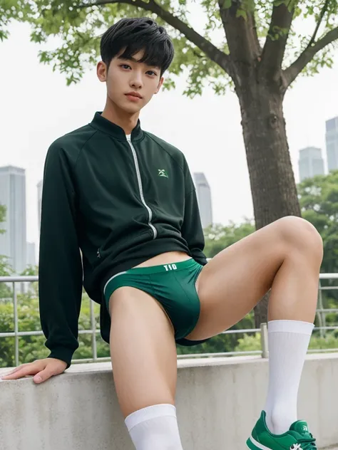 16 years old teenagers , very young , light-skin , wearing an dark green sexy underwear, tmasterpiece，k hd，the feet，Transparent sports vest，semi transparent，black long socks，The barefoot , green colour , handsome and cute , extreme cute boy , white skin , ...