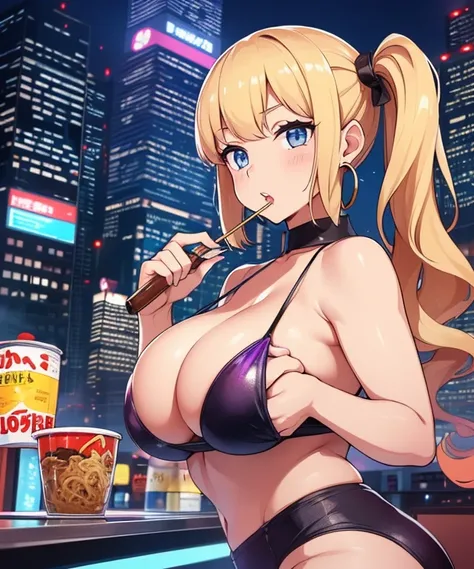 1girl,  (((bimbo))),hoop earrings, puffy lips, painted lips, thick lips. 
blonde hair, short twintails, wide hips, thick thighs, bursting breasts Nightlife, Night city, Cyberpunk city, futuristic cityscape. Neon lights, (skyscraper:1.1), Tokyo tower, palm ...