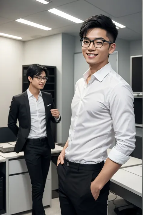 Head-to-toe image of a handsome, 18-year-old Asian man, black hair, light smile, wearing glasses, wearing a white shirt, black pants, and black leather shoes, standing on the floor with a work desk in an office, depth of field, cinematic lighting, wide sho...