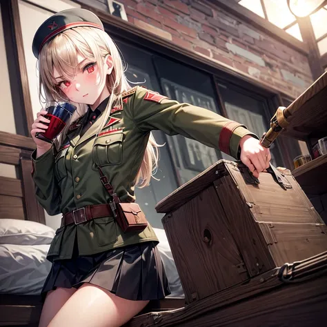 military, ww2, ussr army, Killing expression, Wear a short skirt, Drink vodka, Alone, photo techniques, 5 fingers, girl, Red eye, Carrying an weapon, ushanka, sex in bed