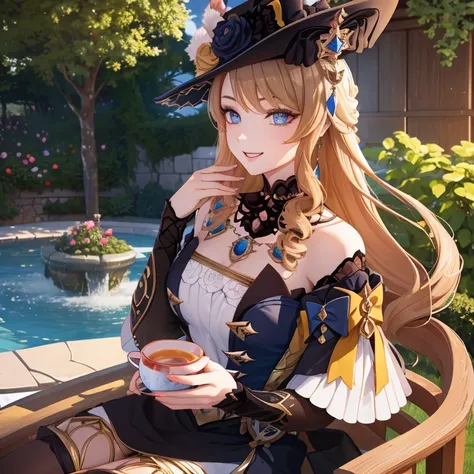 navia, genshin impact, sexy, drinking tea in the garden, smile