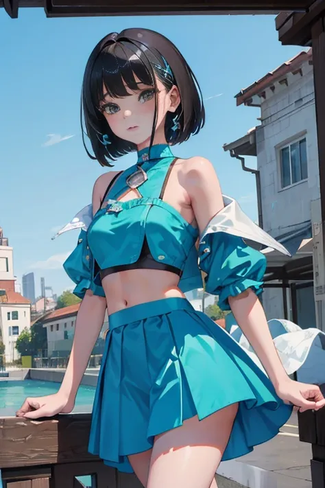 （​masterpiece，Highest Quality），(child:1.3)，(Crop Top Look，skirt by the)，Turquoise Lolita Clothing，(A dark-haired，Medium bob)，embarrassed from，Delicate body，petite body，over Shoulder jacket