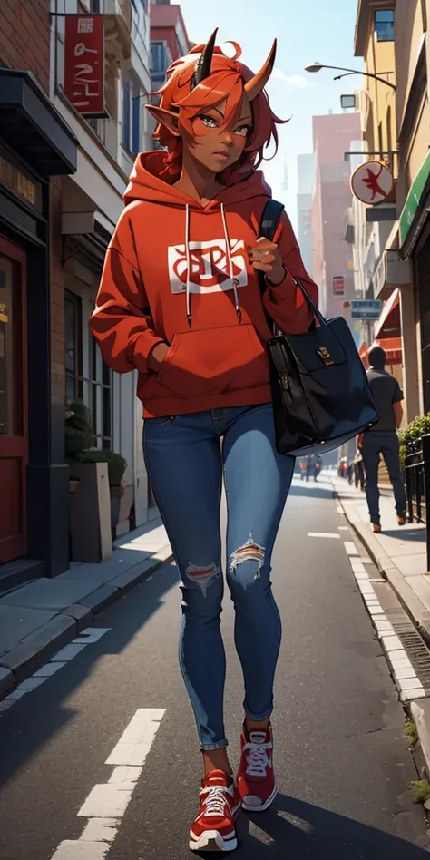 masterpiece, best quality, ultra high res, beautiful, visually stunning, elegant, incredible details, award-winning art, 0n1, red skin, oni horns, oni, red oni, colored skin, city, street,hoodie, jeans, handbag,