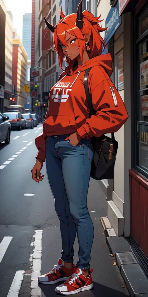 masterpiece, best quality, ultra high res, beautiful, visually stunning, elegant, incredible details, award-winning art, 0n1, red skin, oni horns, oni, red oni, colored skin, city, street,hoodie, jeans, handbag,