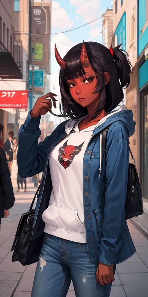 masterpiece, best quality, ultra high res, beautiful, visually stunning, elegant, incredible details, award-winning art, 0n1, red skin, oni horns, oni, red oni, colored skin, city, street,hoodie, jeans, handbag,