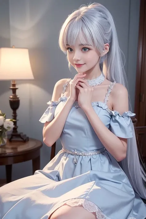 Best quality at best，tmasterpiece，Extremely Delicately Beautiful，The content is very detailed，CG，gatherings，8k wallpaper，An Astonishing，Detailed pubic hair，1Blittle girl，Around 10 years old，Very cute look，White hair，high ponytails，light blue  eyes，laughing...