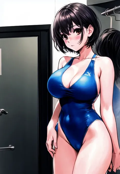 A beautiful woman with big breasts and beautiful legs and a short-cut haircut is standing in a changing room in a blue competitive swimsuit, blushing.。