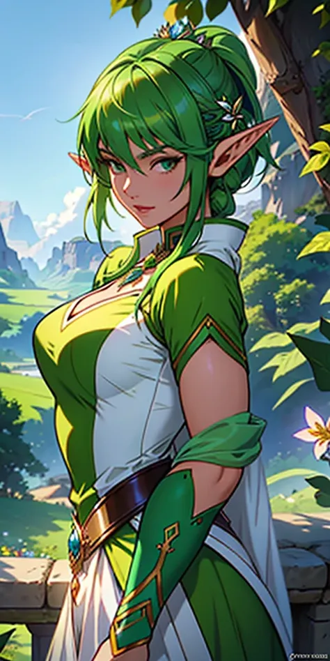 a close up of a woman with green hair and a green dress, Elf Girl, Extremely detailed Artgerm, alluring elf princess knight, fairy queen, An elf queen, wlop rossdraws, Female elf, Elf Princess, Artgerm on ArtStation Pixiv, elf girl wearing an flower suit, ...