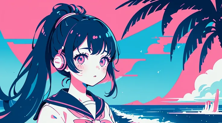 (1 girl, ponytail, sailor suit, headphone, kawaii), (cyberpunk road by the sea, pink glowing road, starry blue sky, big moon, palm trees), (low contrast, flat color, limited palette)