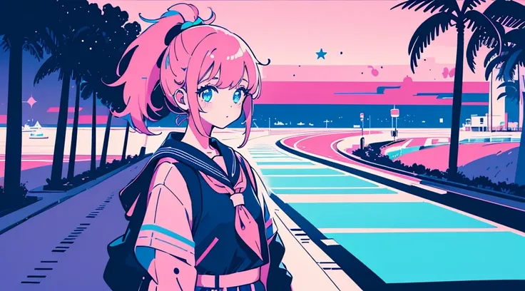 (1 girl, ponytail, sailor suit, headphone, kawaii), (cyberpunk road by the sea, pink glowing road, starry blue sky, big moon, palm trees), (low contrast, flat color, limited palette)