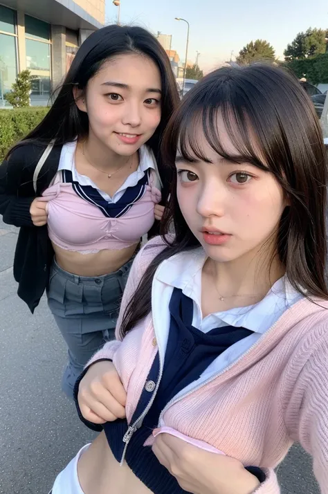 (Glossy pink bra、shirts lift、lifted by self:1.2)、((top-quality、8K、​masterpiece:1.3))、One girl:1.2、Beautiful woman with perfect body shape:1.4、Slender Abs:1.2、(Japanese girls high school uniform))、Very detailed expression, finely detail、Highly detailed face...