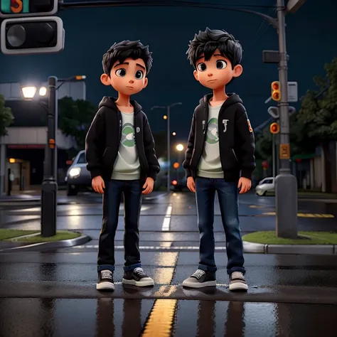 Sweet 2 boys named Drey and Mico printed in a black sweatshirt and jeans, standing on the sidewalk on a rainy night. He is looking at a shiny GTR R35 car passing on the road., Your admiration visible in your eyes. The light from the headlights reflects on ...