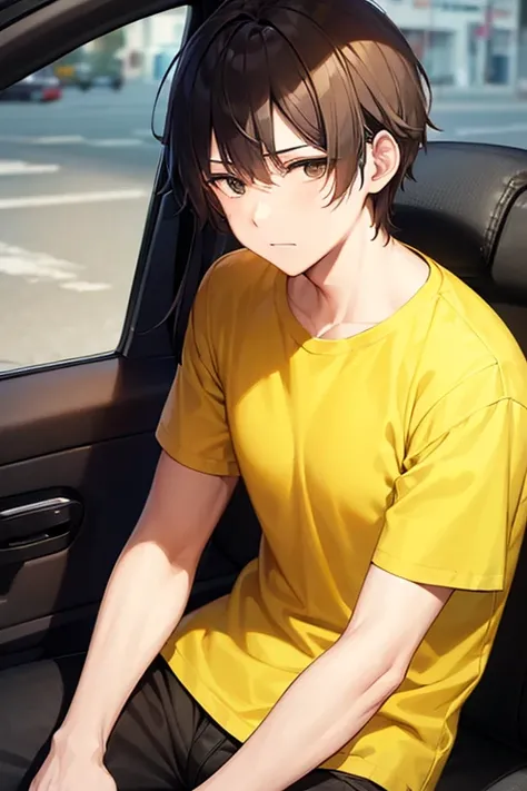 ((Man)), taxi driver, sitting, yellow t-shirt, black pants, long brown hair