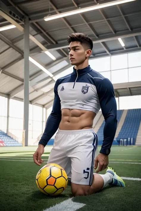 A high resolution:1.2, actual, Detailed pubic hair, Complicated details, kneels on the ground, Sporty atmosphere, male people，soccer player, musculature, tightsuit, s the perfect face, Its all sweat, rays of sunshine, 大腿musculature,Eight-pack abs， Serious,...