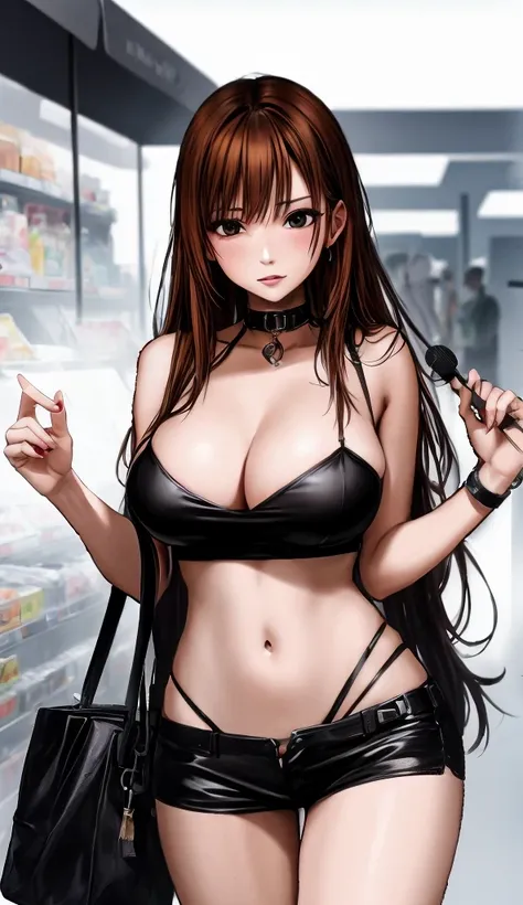 A beautiful adult woman with shoulder-length hair, big breasts, and beautiful legs is standing blushing in a supermarket in a black tube top that exposes her navel and black hot pants.。