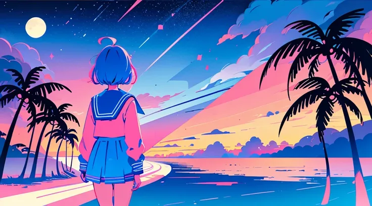 (back view of girl, sailor suit, headphone), (cyberpunk road by the sea, pink glowing road, starry blue sky, big moon, palm trees), (low contrast, flat color, limited palette)