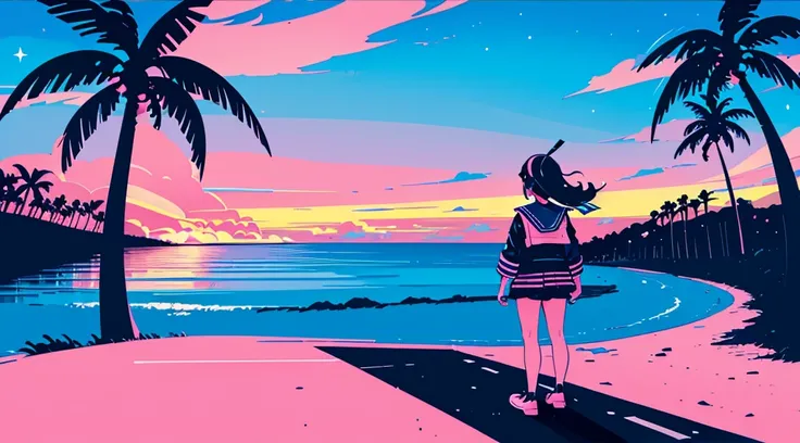 (back view of girl, sailor suit, headphone), (cyberpunk road by the sea, pink glowing road, starry blue sky, big moon, palm trees), (low contrast, flat color, limited palette)