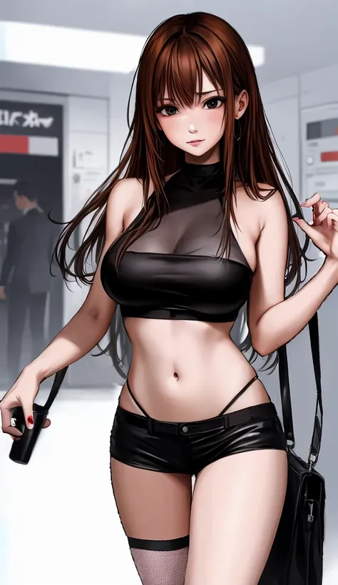 A beautiful adult woman with shoulder-length hair, big breasts, and beautiful legs is standing blushing in a supermarket wearing a black tube top that exposes her navel and hot pants that look like black panties.。