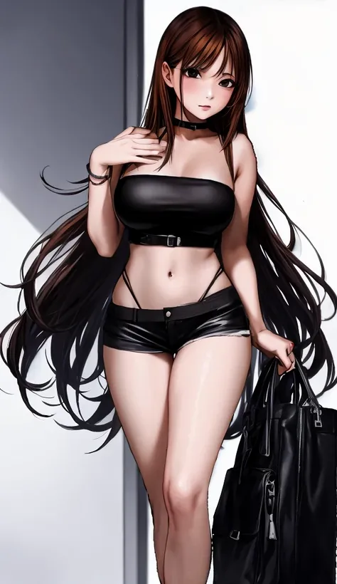 A beautiful adult woman with shoulder-length hair, big breasts, and beautiful legs is standing blushing in a supermarket wearing a black tube top that exposes her navel and hot pants that look like black panties.。