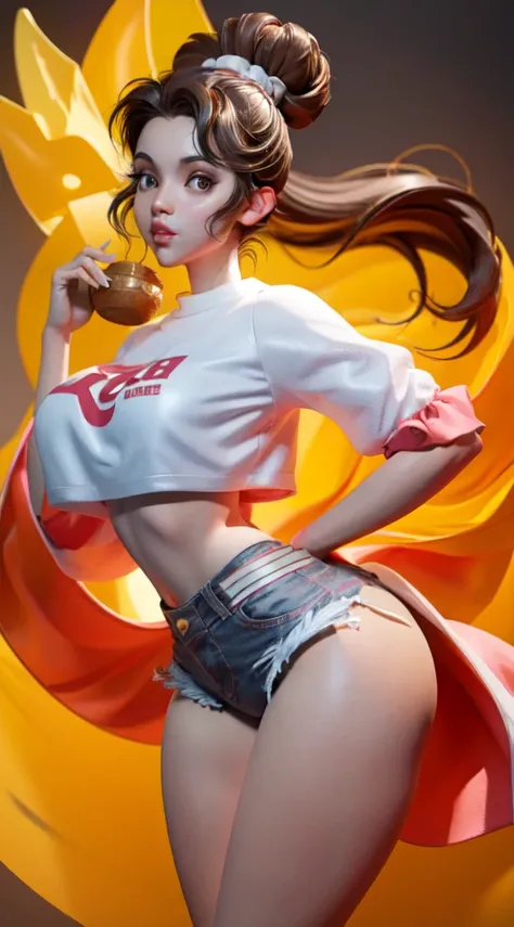 1 woman long hair ponytail bun average breast wide hips thick ass cute face, white sheer daisys dukes and white crop top]