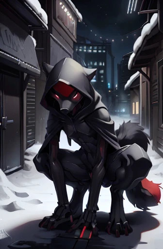 girl, red fur, wolf, anthro, slender, small bust, black stealth suit with red highlights, sneaking, hooded poncho, furry tail, crouching, protruding ribs, cyber digitigrade legs, night, snowy alley