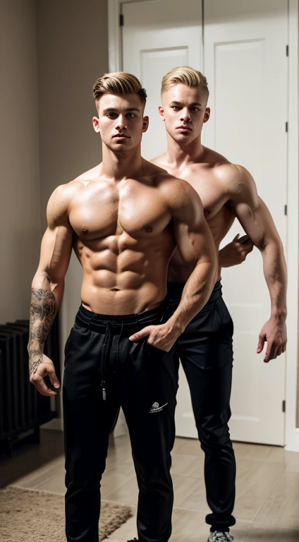 Young American twins, 17 years old, military haircut, blonde hair, intense blue eyes, intense gaze, affiliated features, no facial hair, height 1.80, weight 80 kg, muscular build, broad shoulders, V-shaped body, sleeves tattoos on right arm, full body focu...