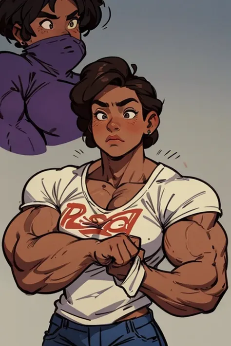 muscle girl with high cheekbones and a strong jawlineflexing muscles wearing purple muscle shirt and light blue jeans, her hair ...