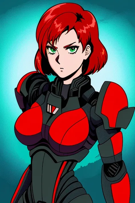 1girl, solo, retro anime, jane, solo,short hair,red hair,green eyes, shepard, black power armor, standing, upper body, n7, space...