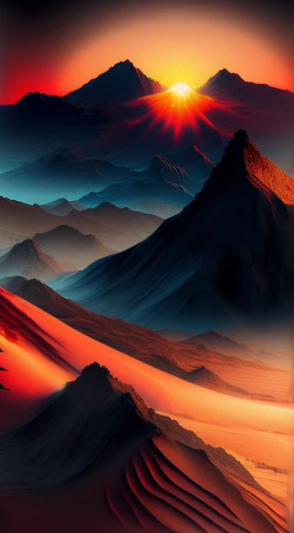 (best quality,4k,8k,highres,masterpiece:1.2),ultra-detailed,(realistic,photorealistic,photo-realistic:1.37),mountain,sunset,desert,camel,Chinese style,super-fine,red orange cyan,rippling on a dark background