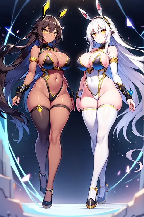 2girls, dark-skinned female, dark skin, white skin, white body, white hair, brown hair, long hair, large breasts, breasts, wide hips, yellow eyes, smile, smirk, smug, bodysuit, black bodysuit, whiye bodysuit, white trim, gold trim, sleeveless, pantyhose, w...