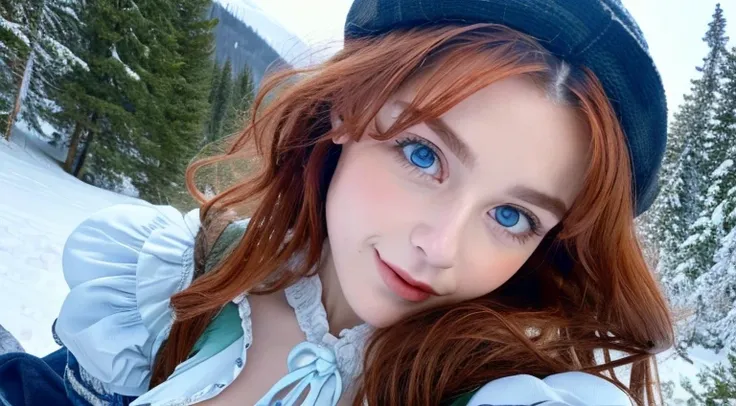 Pretty woman, similar to Amouranth,cute,huge natural breasts, red hair curly/flowing, detailed dark BLUE eyes and face, not to skinny, naughty smile, make it ultra-realistic, western european girl, in the snow in the mountains, clothing colour needs to be ...