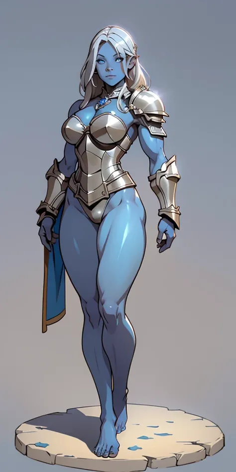 full body, barefoot, Solo, female, (blue skin, muscular), knight, silver armor, cream hair, fantasy village, medium hair