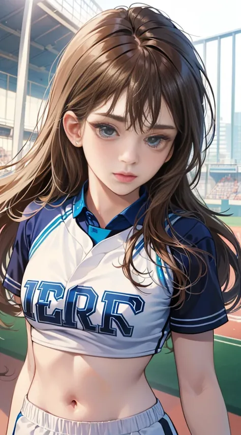 ((High Quality, 8kg, Masterpiece: 1.3)),Full Shape Slim Athletic Natural Body Beautiful Girl: 1.4, (Brown Hair, Voluminous: 1.3), Blue & White Sports Uniform, Sports Bra, Sexy Basketball Panty, Compressed Uniform, Between Players On Baseball Field, Basebal...