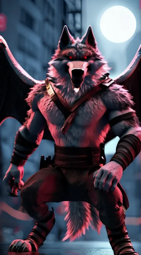 death wolf wearing a Ninja outfit looking at the viewer serious expression beautiful black angel wings a realistic background of destroyed New York holding a sword in his left hand glowing red eyes and a full moon in the background ultra realistic digital ...