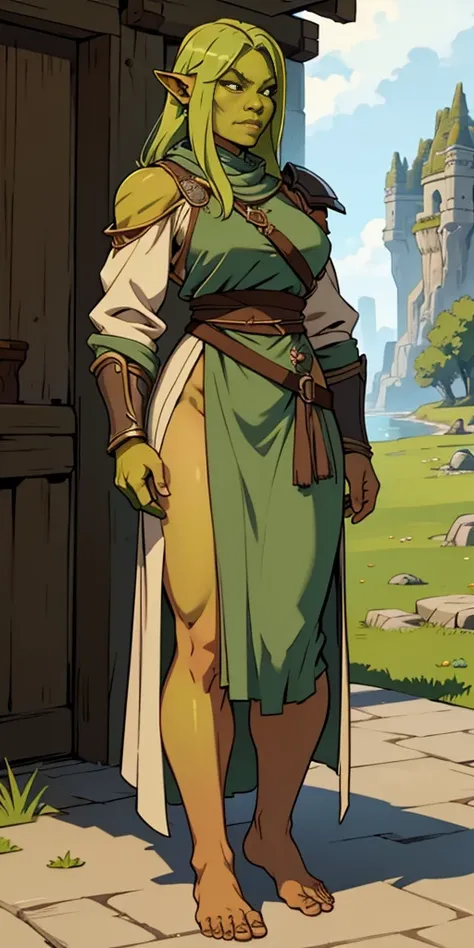 full body, barefoot, Solo, female, (orc, green skin), linen tunic, fantasy village, muscular, armor, modest clothing