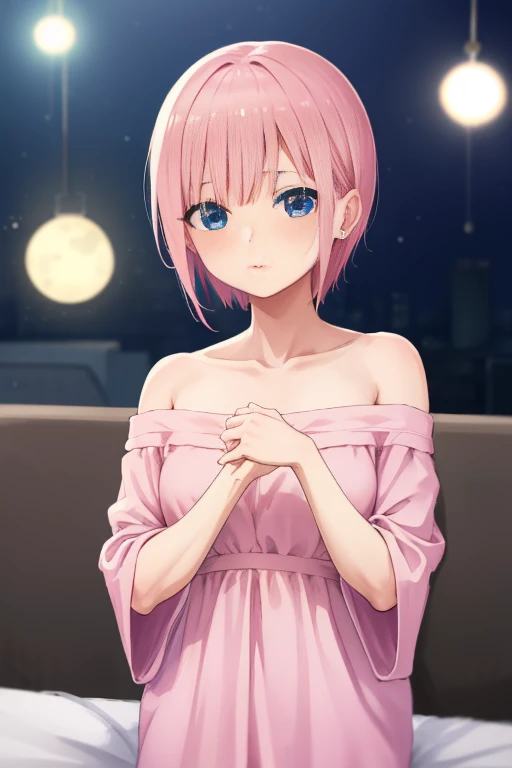 ichikanakano, ichika nakano, Short hair, Bangs, Blue eyes, hair between eye, Pink hair,round earring in right ear，nightgown，blanket from shoulders，waking up，yawning being，ベッドの上
BREAK looking at viewer, BREAK (masutepiece:1.2), Best Quality, High resolution...