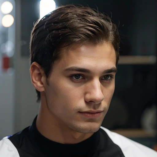 A 19 year old white boy, muy hermoso, de perfil fino, y cabello rizado, atletic body