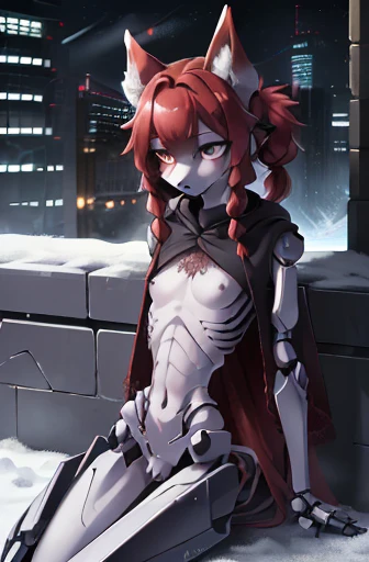 high res, girl, ((wolf)), anthro, exhausted expression, detailed face, sitting with legs spread, red hair, twin tails, (slender), small breasts, lace hooded poncho, lace underwear, furry tail, ((protruding hips bones)), ((protruding ribs)), (thin robot dig...