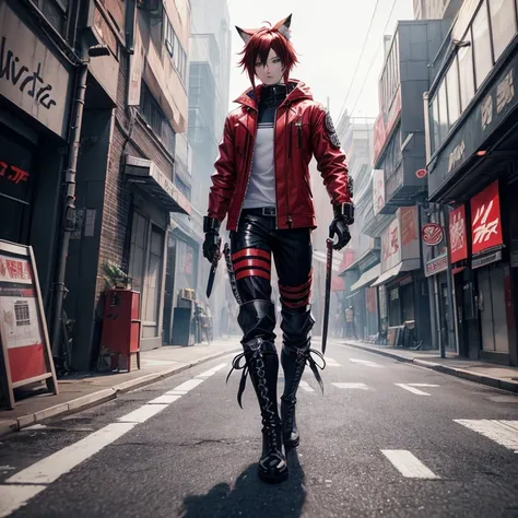 (masutepiece, Best Quality), , (detailed hairs), Ultra-detailed, Anime style, Full body, Cyberpunk was a fox ninja boy, Wear red clothes, Black, And white street punk wear, many swords, Wear long boots, 8K High Resolution, trend artstation, White backgroun...