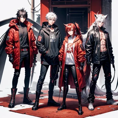 (masutepiece, Best Quality), , (detailed hairs), Ultra-detailed, Anime style, Full body, Cyberpunk was a fox ninja boy, Wear red clothes, Black, And white street punk wear, many swords, Wear long boots, 8K High Resolution, trend artstation, White backgroun...