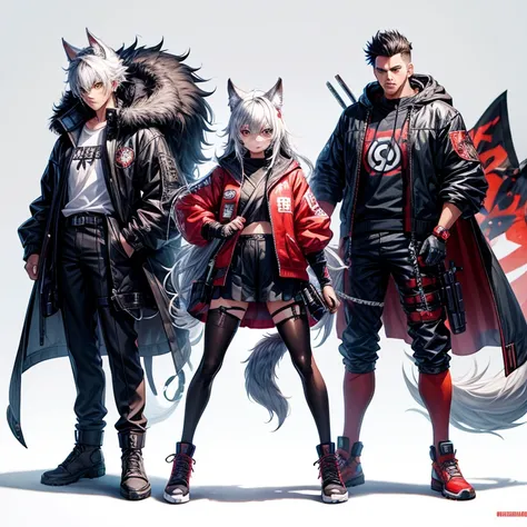 (masutepiece, Best Quality), (detailed hairs), Ultra-detailed, Anime style, Full body, Cyberpunk was a wolf samurai boy, Wear red clothes, Black, And white street punk wear, many guns、8K High Resolution, trend artstation, White background, Standing in the ...