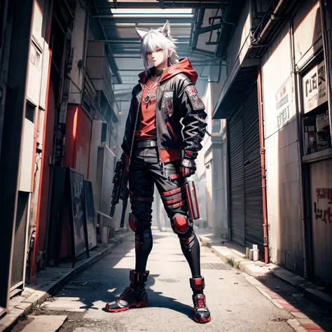 (detailed hairs), Ultra-detailed, Anime style, Full body, Cyberpunk was a wolf samurai boy, Wear red clothes, Black, And white street punk wear, many guns、8K High Resolution, trend artstation, White background, Standing in the wasteland, Whole body,