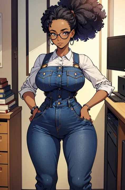 masutepiece, Best Quality:1.2),Detailed face, Detailed inner corner of the eye、eye glasses、big afro、Fetishes、Forehead、Large breasts, Big ass、Female sexy, denim、Jumpsuit, Wide pants、Inside the office