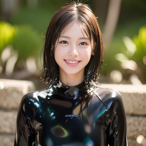 (Best Quality, 8k, 32k, Masterpiece, UHD: 1.2), Cute Japan Woman Pictures, 1 Girl, (Big: 1.3), ((Glossy, Wet, Latex Wetsuit), Dark Brown Short Hair), Wet Skin, Beach, Wet Hair, Smile, Sitting on the Beach